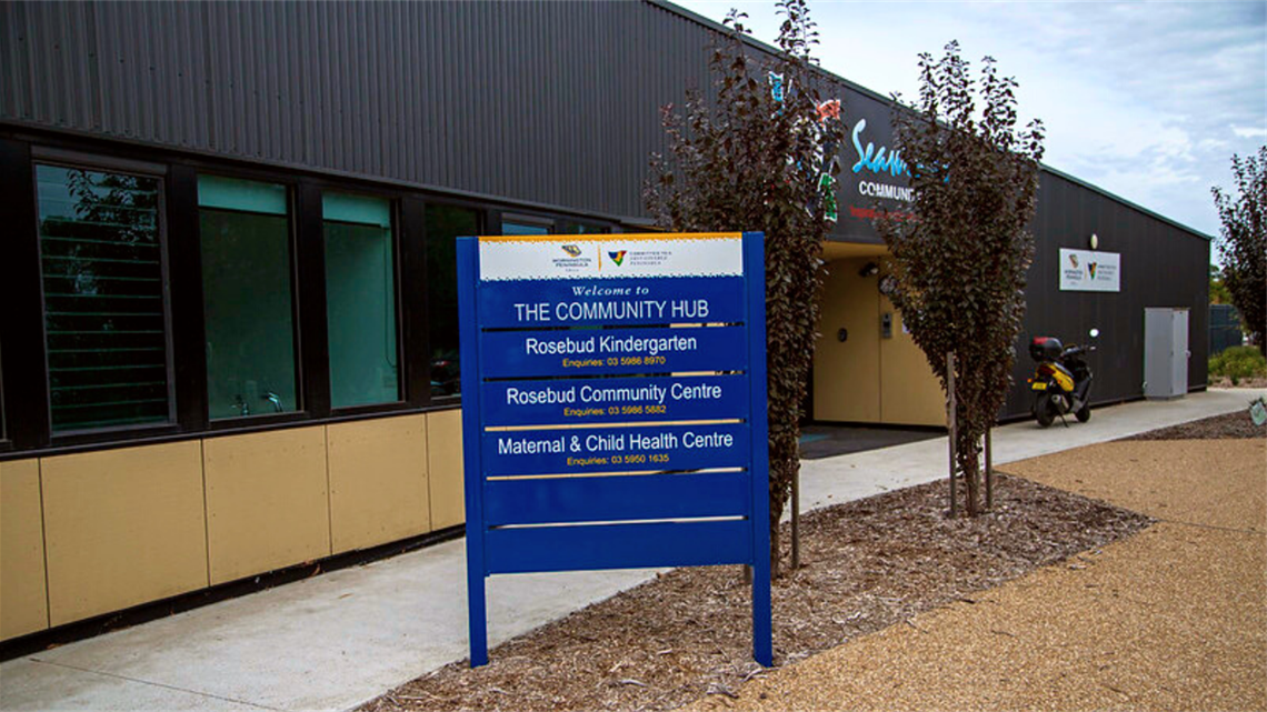 Front view of Seawinds Community Hub with the Shire's board in the centre