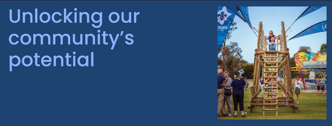 Blue banner with image text 'unlocking our community's potential' 