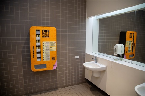 image of yellow box in toilet which states 'free period pads and tampons period'