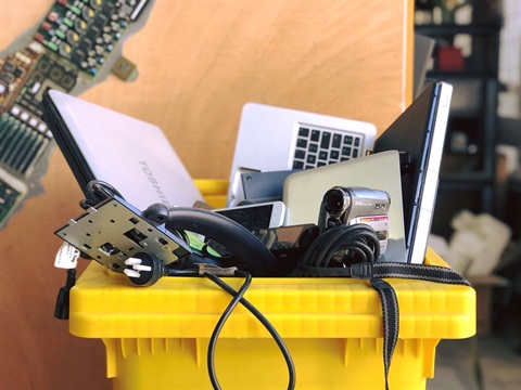 Bin containing electronic items