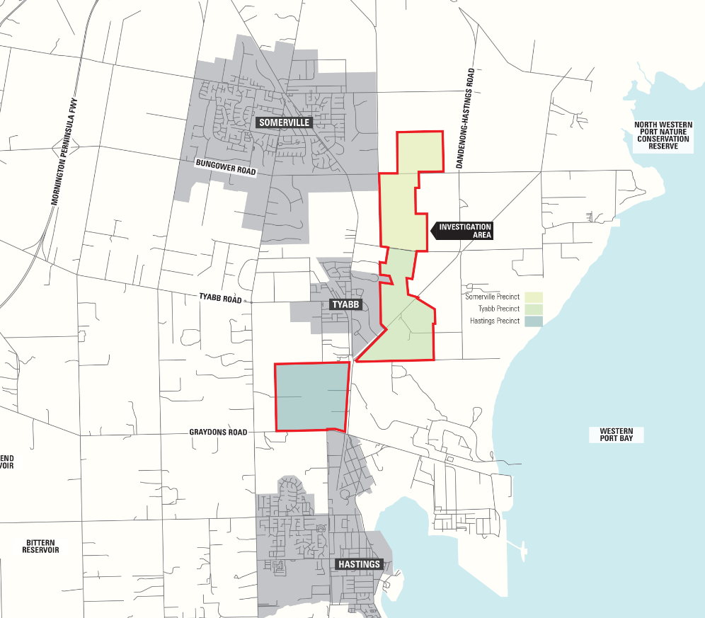 Map of precinct investigation areas in Tyabb, Hastings and Somerville