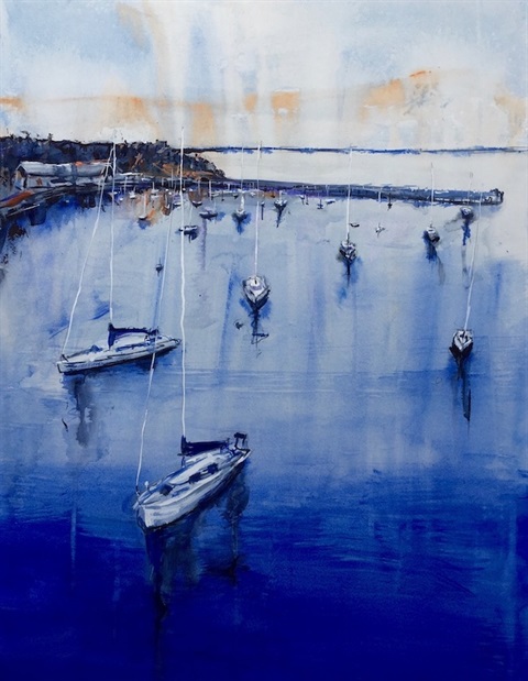 Watercolour by Pete Porteous. Yachts moored in sheltered water close to shore. Jetty in the background. Early morning light.