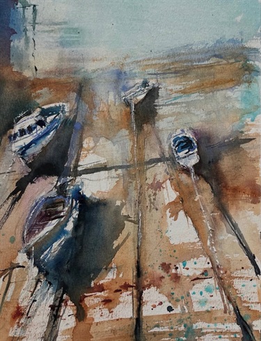 Watercolour by Pete Porteous. Small boats moored at the shoreline. The tide is out so the moorings are exposed.