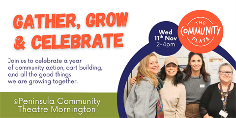 Promotional flyer of The Community Plate with key event information and 3 action group members smiling