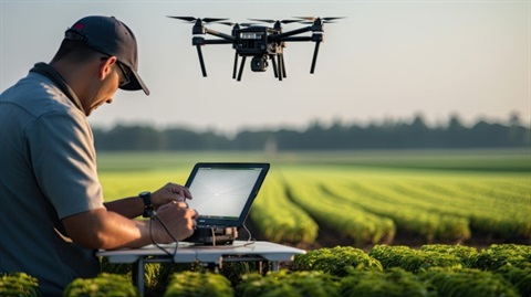 Man operating a drone with a laptop to control the flight