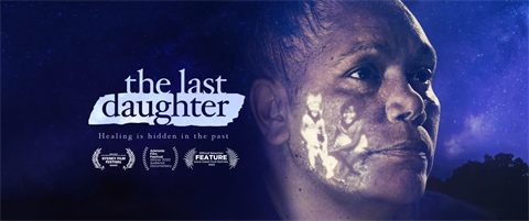 Promotional image of The Last Daughter containing Brenda the main character with a childhood image projected onto her cheek